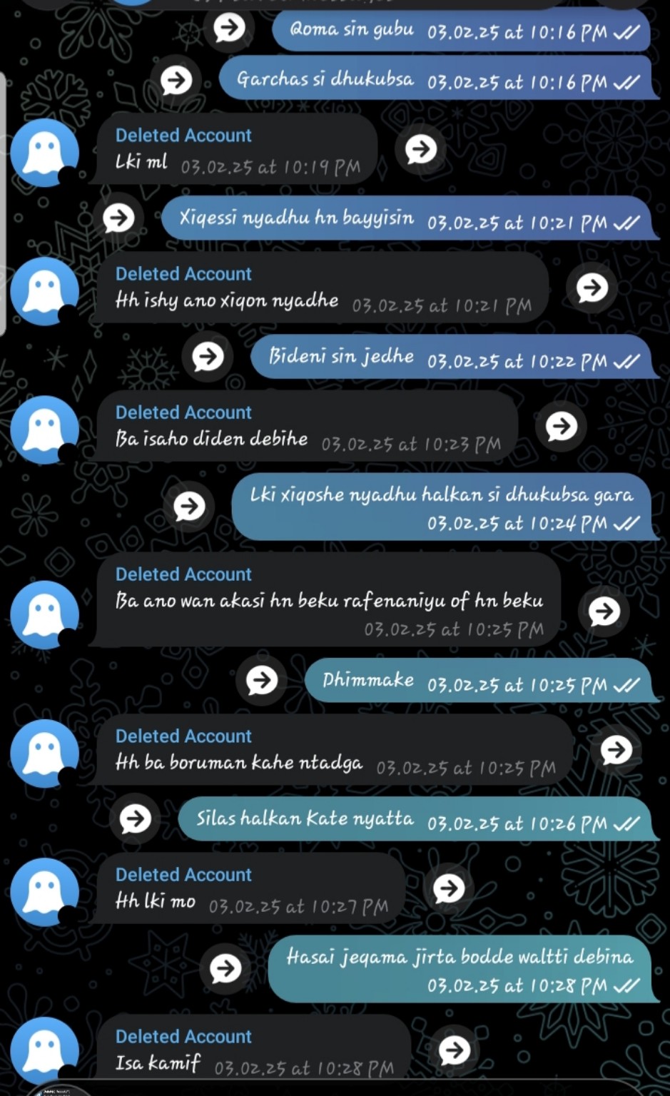 A screenshot of Caliye and Feniye's chat, memory one